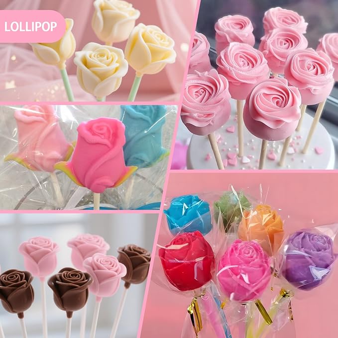 Rose Cake Pop Mold Kit 2 Pack Rose Lollipop Mold Flower Sucker Molds Flower Lollipop Baking Molds Tray with 300pcs Lollypop Sucker Sticks and Bags for Chocolate Jelly Hard Candy Cake Cupcake