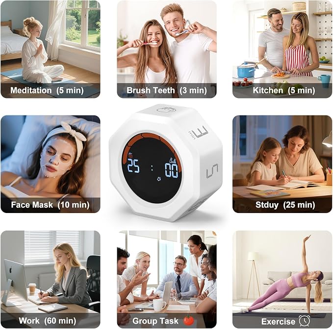 Small Productivity Timer - Pomodoro Timer with 3/5/10/25/60 Min Presets & Custom Countdown | Magnetic Rechargeable Digital Clock for Desk, Study and Games (White)