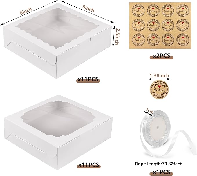Pack of 22 White 9x9x2.5 Inches Cookie Boxes with Window in Two Styles Includes Banderole and Thank You Stickers