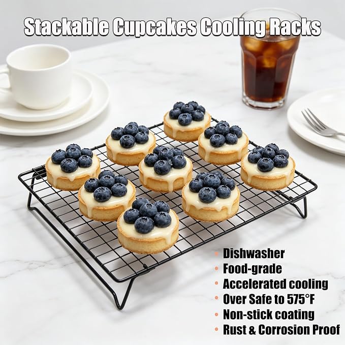 3 Pack Stackable Cooling Racks for Cooking and Baking Carbon Steel Cooling Rack with Collapsible Legs Nonstick Wire Rack for Cooling Cookie, Cake, Roasting, Grilling, Drying, 13.4" x 9.5"