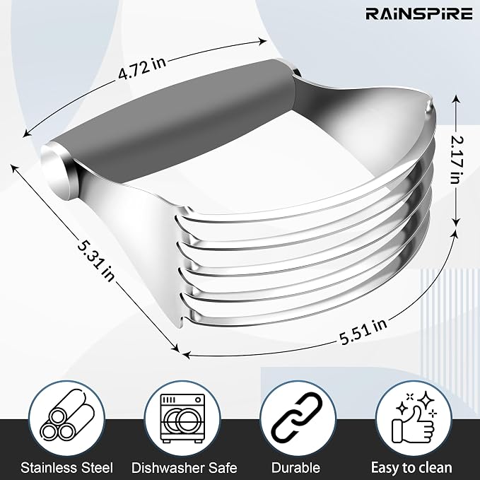Rainspire XL Pastry Cutter For Baking, Heavy Duty Pastry Blender Stainless Steel, Thick Sharp Blades Dough Blender, Dough Cutter Butter Cutter Pastry for Easy Mixing, Dishwasher Safe, Grey