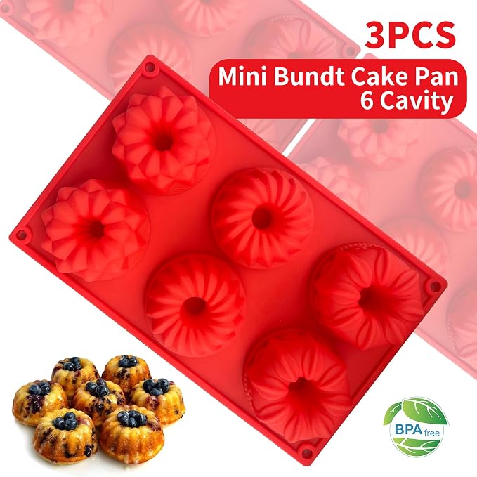 Mini Bundt Cake Pan,6-Cavity Fluted Tube Cake Pan, Non Stick Silicone Fancy Baking Molds for jello, Cupcake, Doughnut, Cornbread, Brownie (Red,Set of 3)