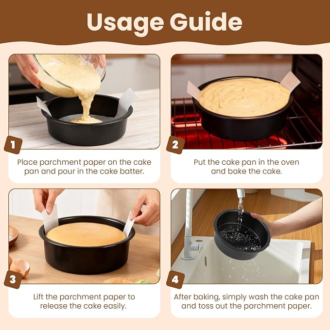 8 Inch Round Cake Pan Set of 3 - Nonstick Carbon Steel Cake Baking Pans with 100 PCS Parchment Paper, Dishwasher Safe, Durable for Layer Cakes, Birthday & Christmas Baking