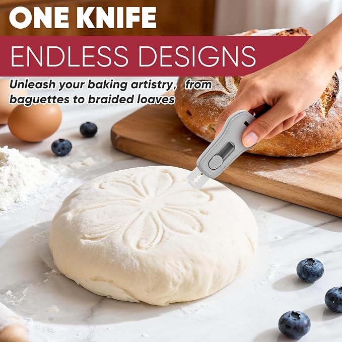 24SHEN Bread Lame, Sourdough Scoring Tool with Extractable & Magnetic, Sour Dough Tools Sourdough Cutter for Homemade Bread Making, Scoring Knife Include 5 Razor Blades-Gray