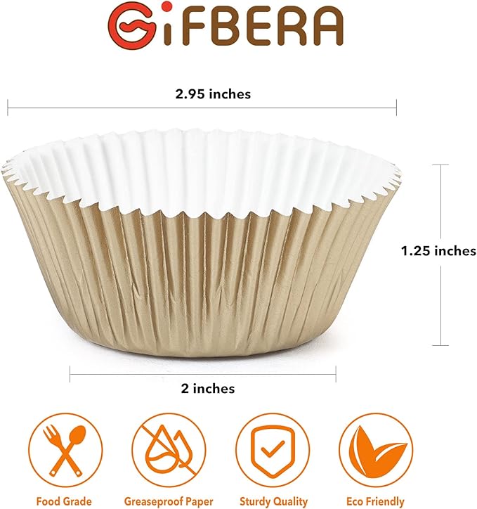 Gifbera Natural Metallic Foil Cupcake Liners - Standard Size Baking Cups Muffin Liners Paper for Celebration, 200-Count