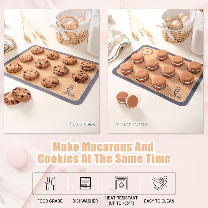 Silicone Baking Mat Macaron - Set of 3 (2 Half Sheet Liners and 1 Quarter Sheet), Non Stick Silicon Cookie Oven Liner For Macaroons, Bake Pans, Pizza, Toaster, Cake and Bread Making (Red,Blue,Gray)