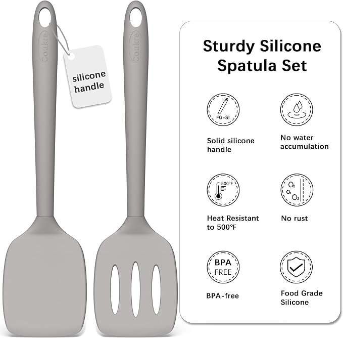 Coukre 2 Pack Silicone Spatula Set, High Heat Resistant, BPA Free Kitchen Spatula, Solid & Slotted Turner for Non-Stick Pans, Sautéing, and Flipping(2, PureGray)