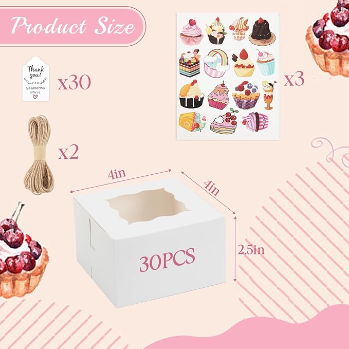 OAMCEG 30pcs Cookie Boxes with Window, 4x4x2.5 Inch Bakery Treat Boxes with Cake-Themed Stickers for Mini Cake, Pastry, Dessert, Chocolate, Strawberries, Party Favors (White)