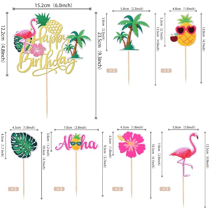 25 PCS Tropical Luau Cupcake Toppers with Happy Birthday Flamingo Cake Topper Palm Tree Flamingo Pineapple Aloha Cupcake Picks Decorations for Hawaiian Luau Theme Birthday Party Supplies