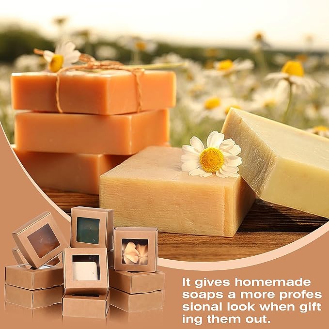 MAQUITA 100 Pcs Soap Packaging Boxes with Window Mini Kraft Paper Boxes Bulk Treat Favor Boxes Rectangle Gift Soap Boxes for Homemade Soap Making Cookies Candy Prese