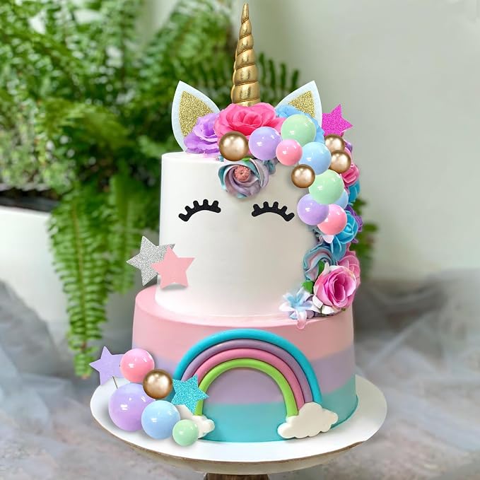 38 PCS Unicorn Cake Topper Unicorn Flower Cake Decorations with Flowers Balls Stars Unicorn Happy Birthday Cake Decorations (Flower)
