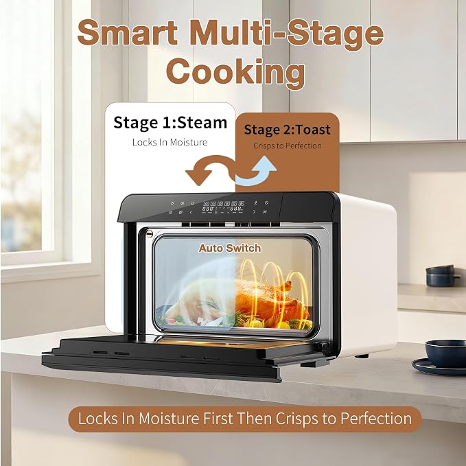 ROBAM Toaster Air Fryer Combi Oven, Countertop Steam Oven 14-in-1 with Convection Steam Roast & Bake, Multi-Stage Cooking, Self-Clean, 7 Modes, 30 Built-In Recipes, for Kitchen Pizza Baking (White)