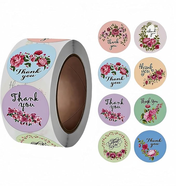 500pcs Floral Thank You Stickers Roll,1 Inch Circle Gift Seals for Packaging, 8 Patterns,Pink Rose Design,Bakery,Cards,Envelopes-Waterproof Adhesive Labels (Pink)