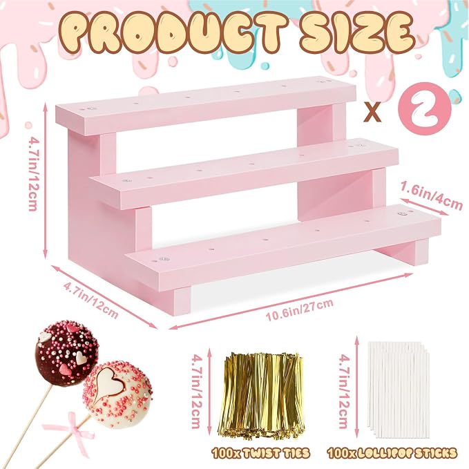 Wood Cake Pop Stands, 3 Tier Lollipop Holders with Twist Ties Lollipop Sticks, Sucker Display Riser for Dessert Table of Wedding Birthday Party (Pink-2P-17 Hole)