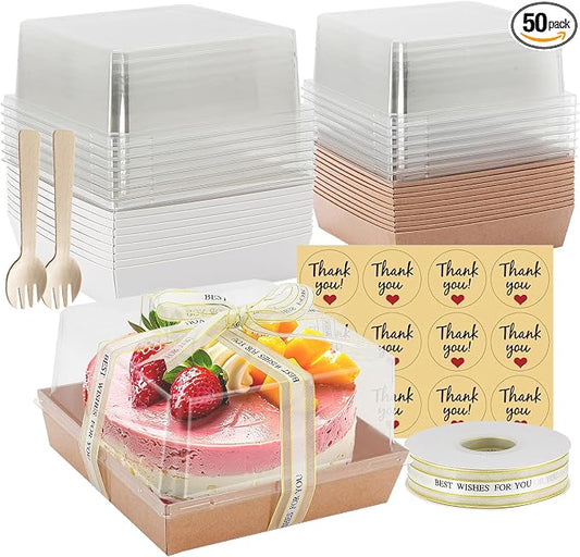 50 Pack 7 x 7 x 4 Inches Clear Cake Boxes for 6 Inch Cake, Paper Charcuterie Boxes with Clear Lids, Disposable Bakery Food Containers Large Dessert, Cupcakes,Pie,Cookies, Cocoa Bomb (White&Brown)