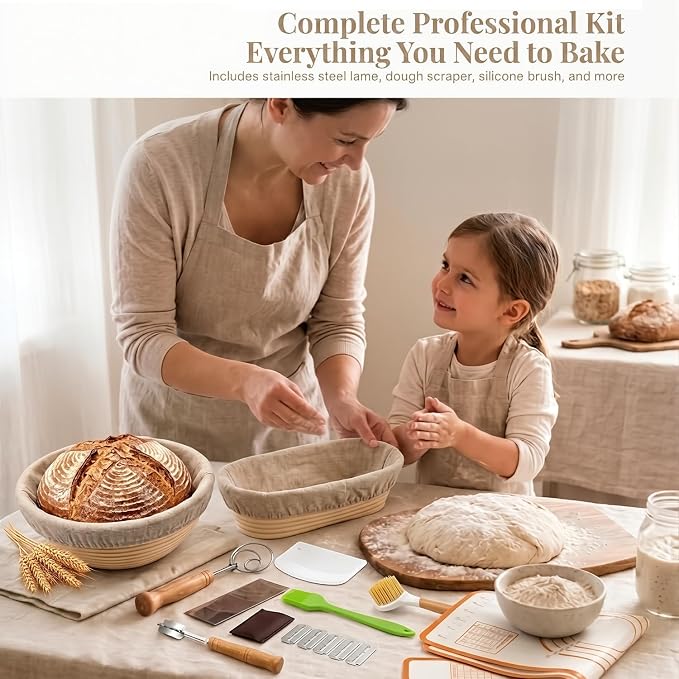 Bread Proofing Basket Set 9" Round and 10" Oval Banneton for Bread Baking, Natural Rattan Wicker Basket with Bread Lame, Danish Whisk, Scraper - Profeesional Baker's Kit