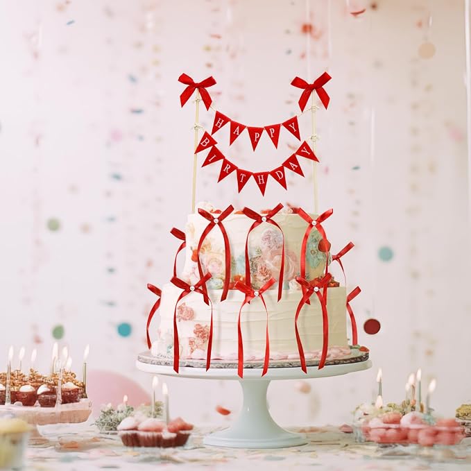 Honeydak 11 Pcs Red Bow Ribbon Cake Topper Happy Birthday Cake Bunting Topper with Wood Pole Handmade Pennant Flags with Bows Ribbon for Birthday, Bridal Party Decoration