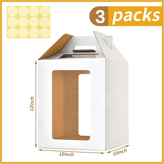 XININSUN 3Pack Tall Cake Boxes for Tier Cakes with 4 windows 10x10x12Inch cake transport container,Bakery Take Out Transport Containers Tall Cake Carrier with Handle for Wedding, Birthday, Party