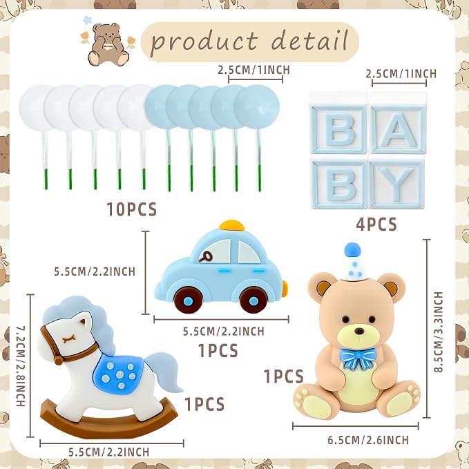MEMOVAN Blue Bear Cake Topper 17Pcs Teddy Bear Cake Decorations We Can Bearly Wait Cake Topper with Blue White Balls Car Horse for Bears Themed Baby Shower Birthday Party Supplies