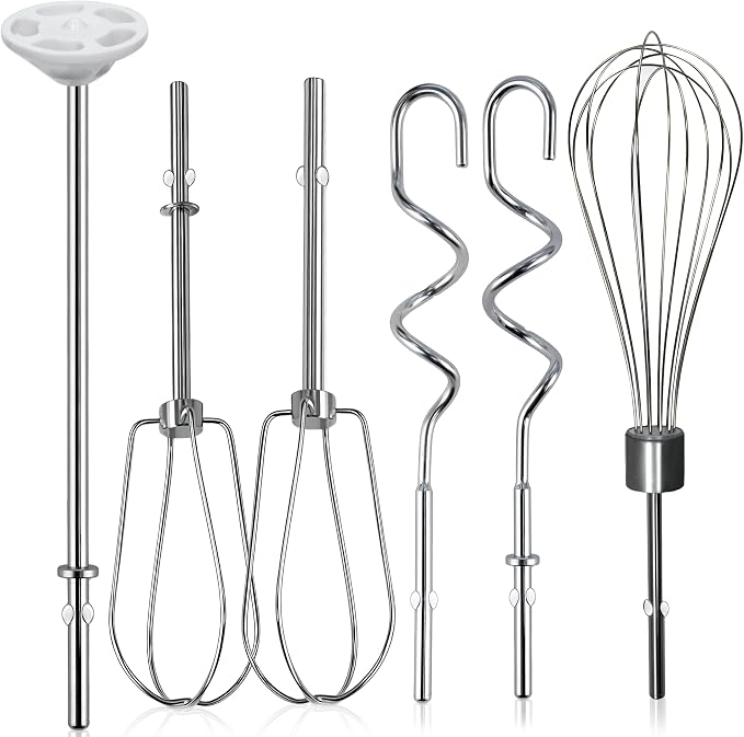 Hand Mixer Beaters Attachments for KitchenAid KHM Series, Stainless Steel Turbo Beater, Pro Whisk, Dough Hooks & Blending Rod Replacement Parts Compatible with KHM512 KHM926 KHM7210 KHM6118 (C (6PC))
