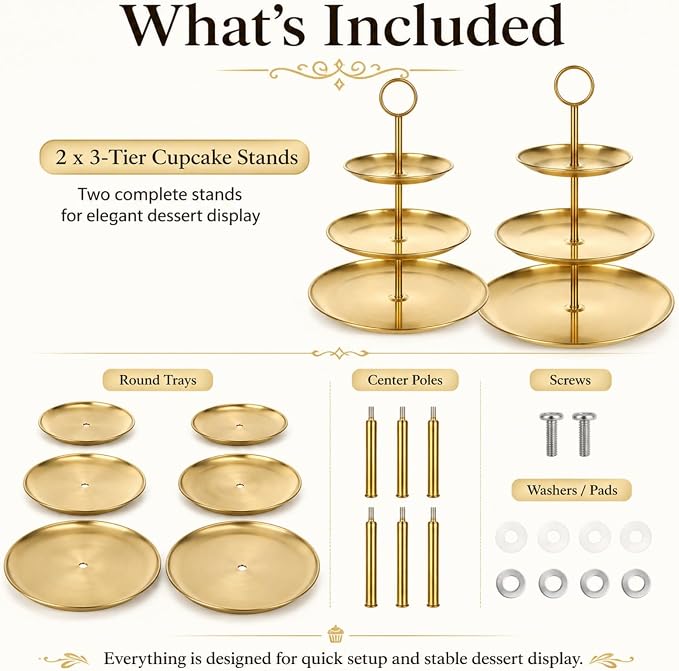 YOUNTHYE 2PCS Gold Cupcake Stand, 3 Tiered Stainless Steel Dessert Stand, Gold Cake Stand Display Trays for Wedding, Birthday, Tea Party, Holiday Dessert Table Decorations