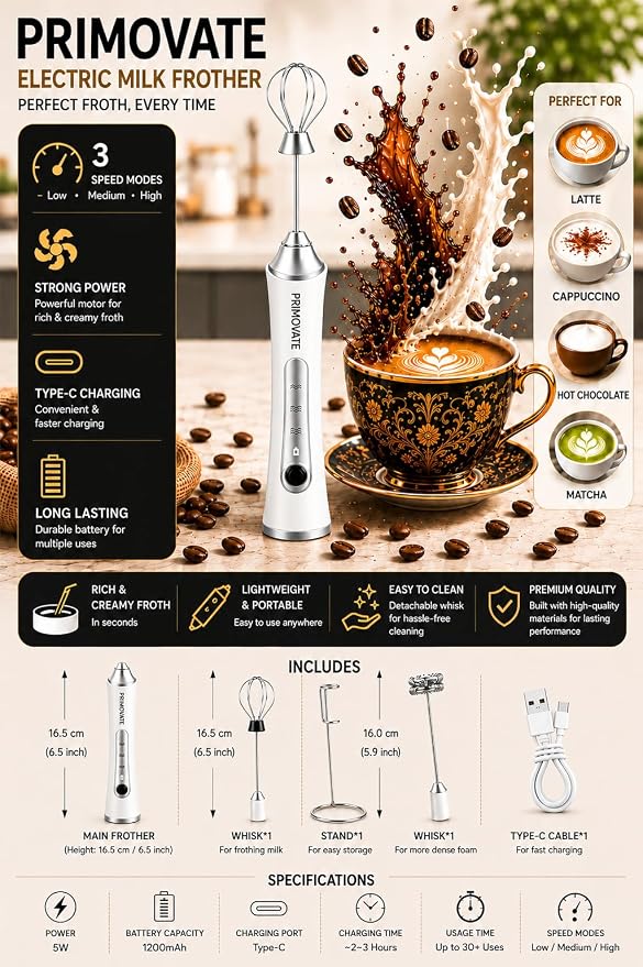 Rechargeable Milk Frother Handheld, Electric Coffee Frother with 2 Whisk, 3-Speed Powerful Drink Mixer, USB-C, Milk Foamer for Coffee,Latte,Cappuccino,Matcha & HotChocolate(White + Stand)