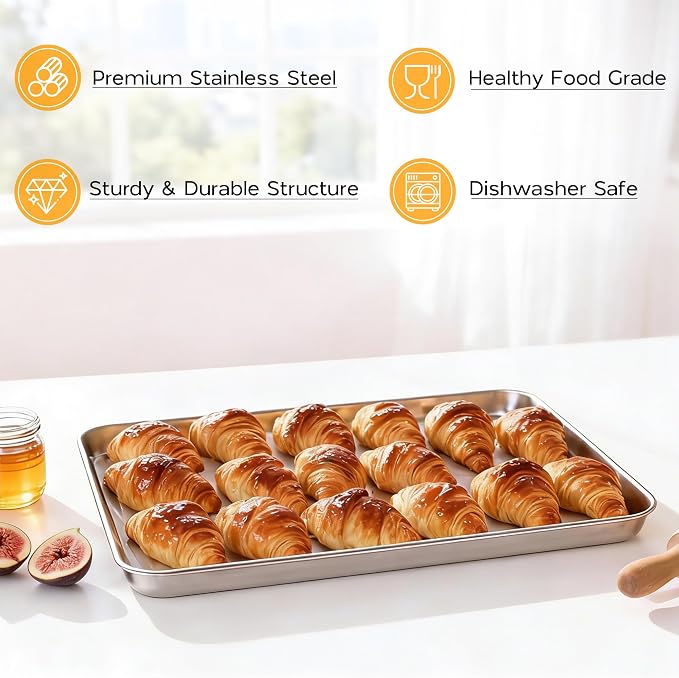 Onader Baking Sheet Set of 3, 16" x 12" Food-Grade Stainless Steel Quarter Sheet Pans for Baking, Metal Cookie Toaster Oven Pan Tray, Heavy Duty & Dishwasher Safe