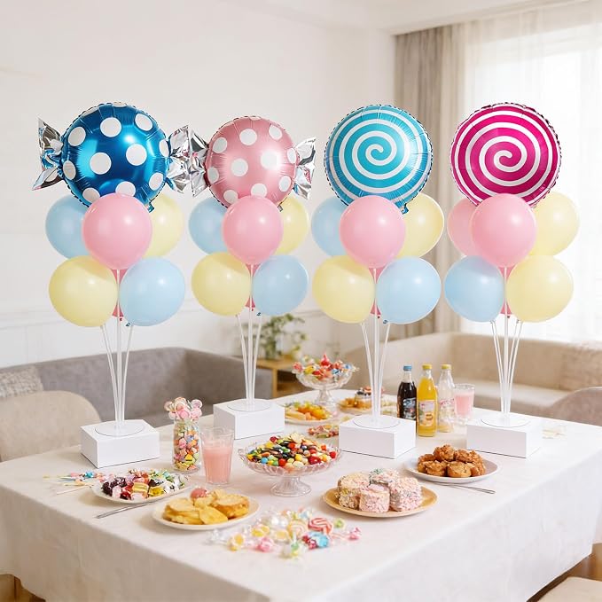 4 Sets Pastel Sweet Candy Theme Party Balloons Stand Kit with Lollipop Candies Foil Balloons Party Balloon Centerpiece for Tables for Candy World Birthday Party Candies Themed Decoration