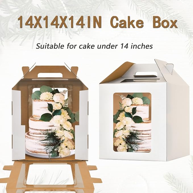 14x14x14 Inch Tall Cake Boxes for Tier Cakes,2pack Large Tiered Cake Boxes, 12in 14in Wedding Cake Carrier,Disposable Layer tall Baking Carrier with Handle