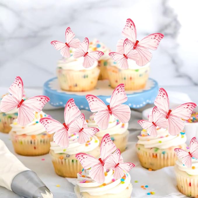 60Pcs Edible Butterfly Cupcake Toppers Pink Butterflies Cupcake Picks Drink Toppers for Butterfly Theme Baby Shower Girls Birthday Party Birdal Shower Engagement Wedding Party Decorations