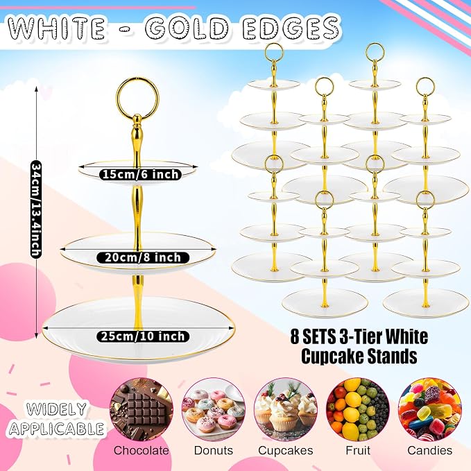 Teenyyou 8 Pack 3 Tier Cupcake Stand Bulk Tiered Dessert Stand Thick Plastic Serving Tray with Gold Edges Dessert Table Display Set Tea Cake Holder for Wedding Birthday Party(White,Round)
