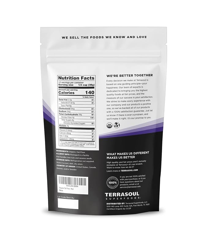 Terrasoul Superfoods Organic Oat Flour, 16oz | Finely Ground | Gluten-Free | Ideal for baking