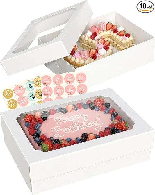 10pcs 14x10x4 inch Quarter Sheet Cake Boxes, White Large Rectangle Bakery Boxes with Window for Pastry, Donuts, Cupcakes, Pie, Cookies, Treat Packaging, Cajas para Pasteles with 80 Stickers