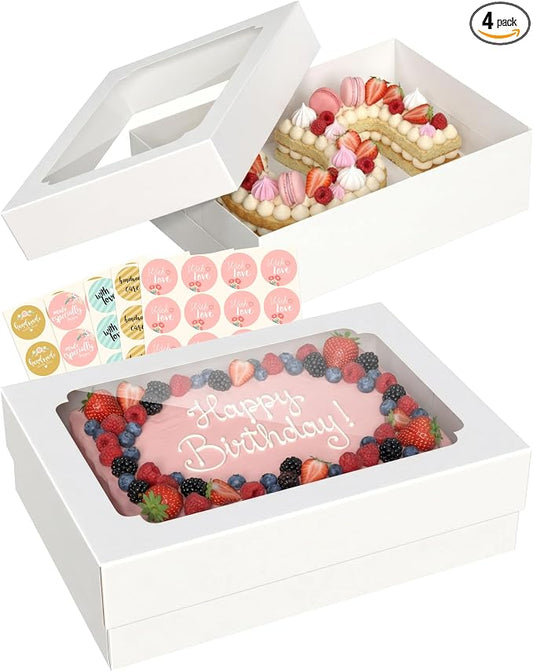 4pcs 14x10x4 inch Quarter Sheet Cake Boxes, White Large Rectangle Bakery Boxes with Window for Pastry, Donuts, Cupcakes, Pie, Cookies, Treat Packaging, Cajas para Pasteles with 80 Stickers