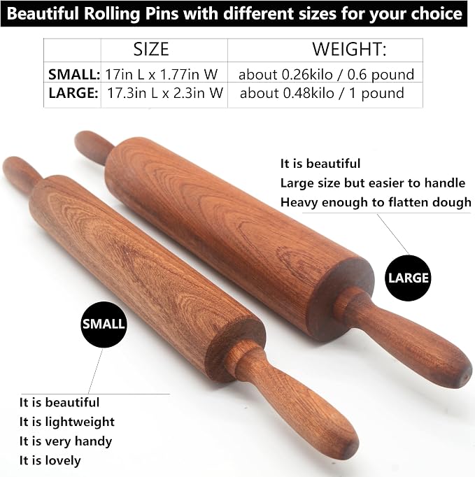 Classic Sapele Wooden Rolling Pin With Handles Large17.3"L x 2.3"W | Wood Baking Roller for Pizza, Pie, Bread, Pastry & Cookie Dough