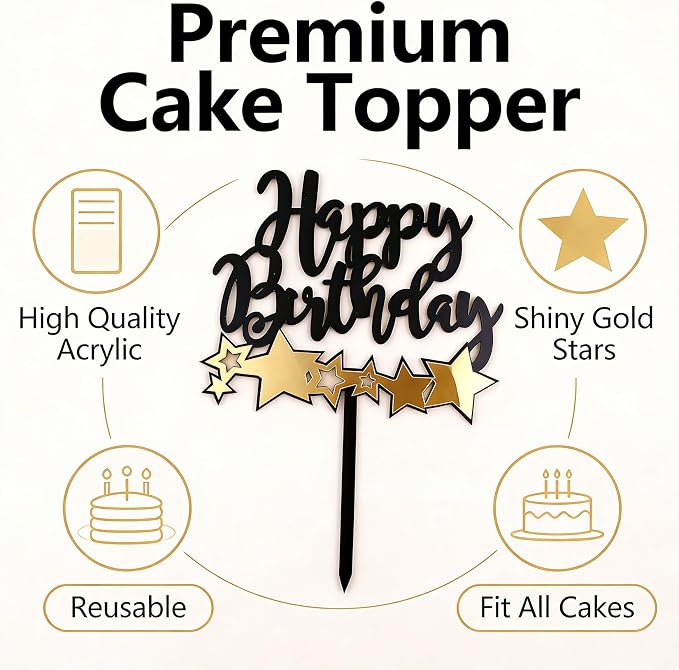 Acrylic Happy Birthday Cake Topper Durable Reusable Perfect for Birthday Cakes, Cupcakes, Dessert Tables Ideal for Kids Adults Birthday Celebrants (Black,Gold-2)