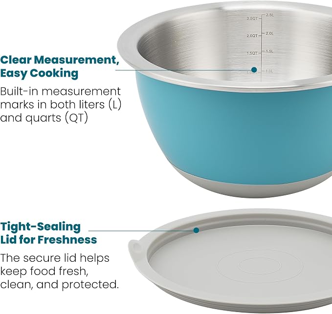 Rorence Mixing Bowls Set with Lids, 18/8 Stainless Steel Mixing Bowls with Non-Slip Silicone Base & Measurement Marks, Airtight Food Storage for Baking, Cooking & Meal Prep,1.5QT/3QT/5QT/Blue