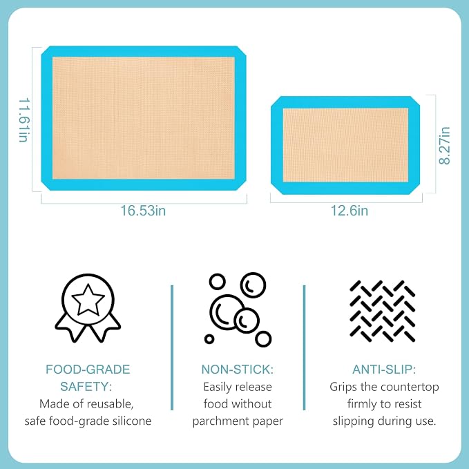 Silicone Baking Mats, Non-Stick Reusable Baking Sheet Liners, Parchment Paper Alternative for Cookies, Bread, Pastries & Dough, 2 Half & 1 Quarter Sheets