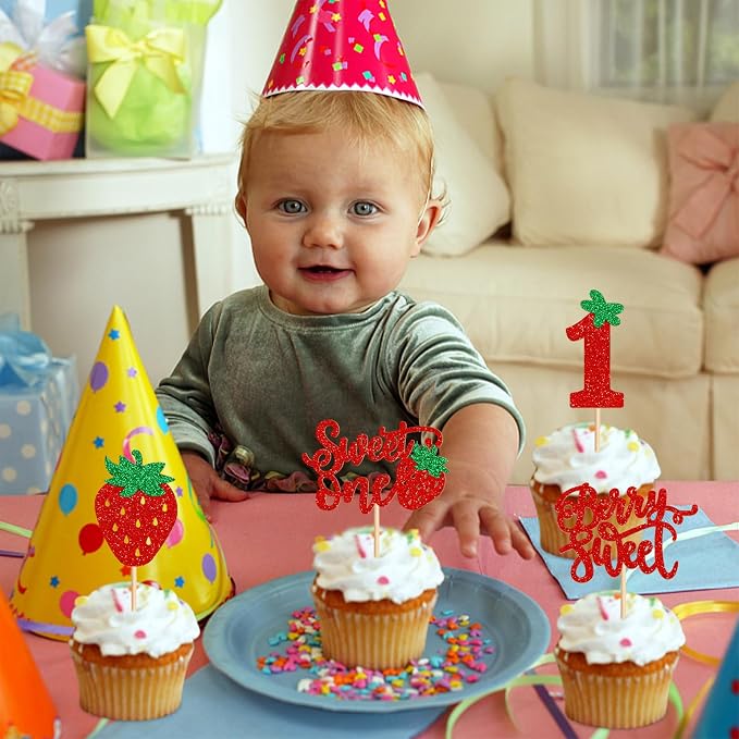 24pcs Glitter Red Strawberry Sweet One Cupcake Toppers Berry Sweet Strawberry Cupcake Picks for Kids Berry First Birthday 1st Wedding Anniversay Baby Shower Party Decoration Supplies