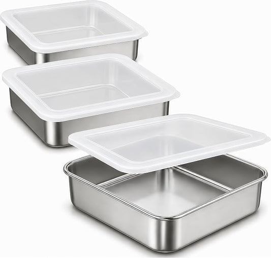 8x8 Stainless Steel Baking Pan with Lid, Square Brownie Cake Pan Set of 3 for Baking, Casserole and Meal Prep, 2 Inch Deep Metal Oven Pan, Dishwasher Safe