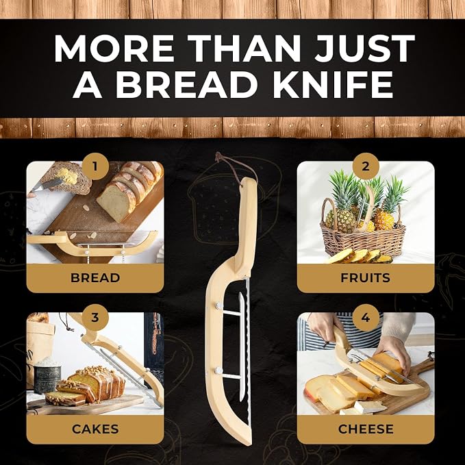 Adjustable Bread Bow Knife for Perfect Slices, Premium Wooden Frame, Tool-Free Blade Replacement, Multi-Thickness Cutter for Homemade Bread, Sourdough, Bagels, Loaves - Birch