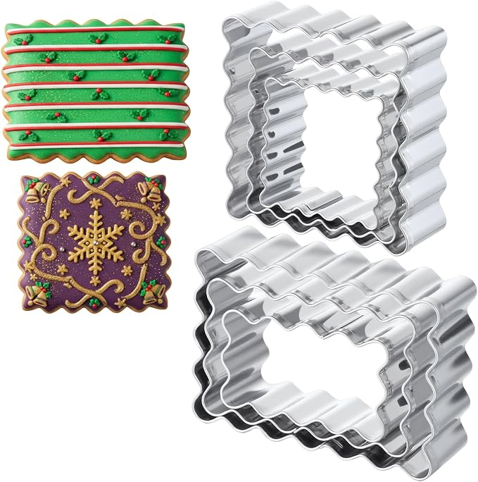 6Pcs Rectangle Cookie Cutter Set with Scalloped Edge Biscuit Cracker Cutters For Baking Fluted Plaque Frame Rectangluar Shapes Fondant Molds Geometric Square Wavy Pastry Molds Assorted Sizes