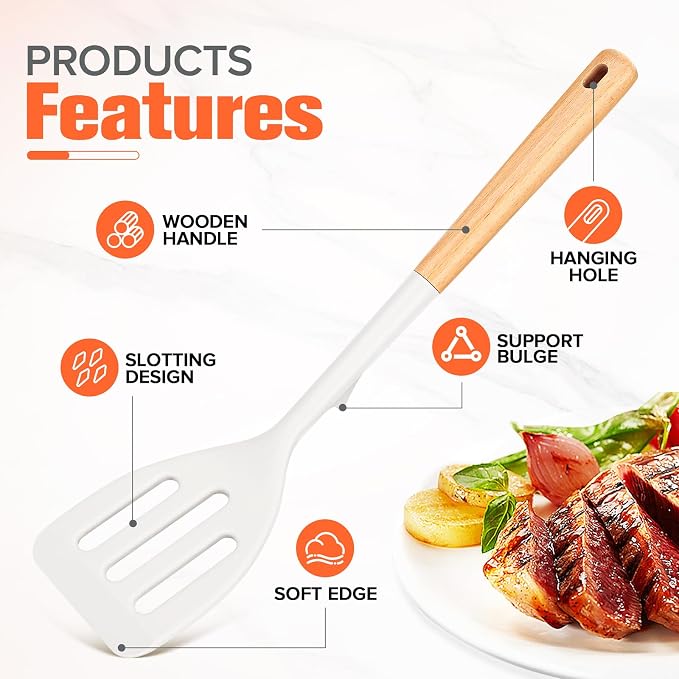 Silicone Cooking Spatula, Heat Resistant Solid Turner, Slotted Spatulas with Wooden Handle,Ideal Wood Kitchen Utensils Set for Frying, Baking, Flipping, Turning,Pack of 2 (White)