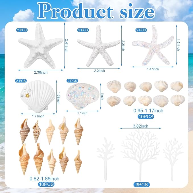 33 Pcs Ocean Cake Decorations, Starfish Sea Shell Cake Topper Coral Cake Topper, Summer Beach Theme Under the Sea Party decorations