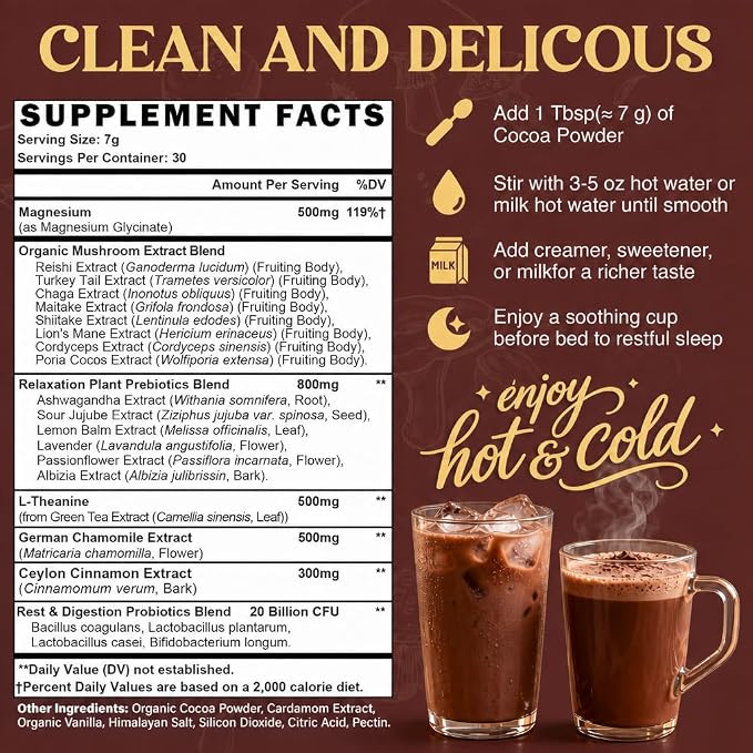 Mushroom Hot Cocoa Powder with Magnesium Glycinate, L-Theanine, Probiotics, Ashwagandha, Reishi, Cacao Powder Organic Hot Chocolate Supplement for Sleep, Relax, Digestion, No Melatonin, Vegan, 7.4oz