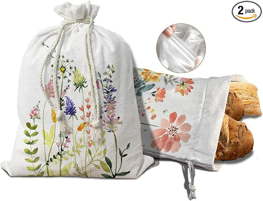 UTELKA Reusable Linen Bread Bag, Homemade Bread Sourdough Bags 2Pcs | Wildflower Beeswax Bread Bag,Flroal Large Bread Box for Baker, Focaccia Sandwich Bags,Baking Gifts,16.5x12