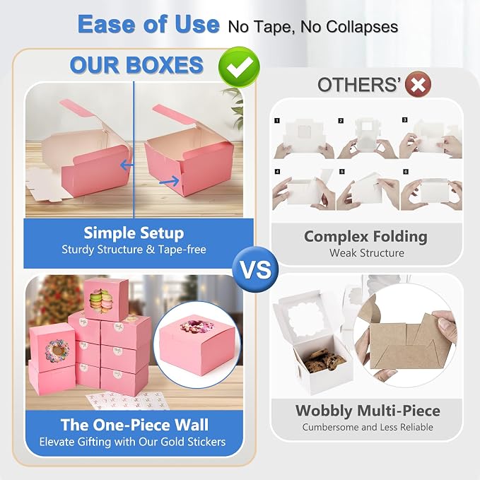 Shallive 4-Inch Small Cookie Boxes 50 Pcs Pink - Bakery Treat Boxes with Window for Barbie Favor To-go Containers for Cake Slice, Macarons, Donuts 4x4x2.5