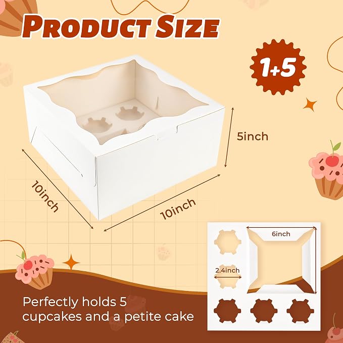NPLUX 8 Packs 1+5 Bento Cake and Cupcake Box Bento Box with Clear Window Fit 5 Cupcakes and 1 Mini Cake for Packaging Gift Baked Goods