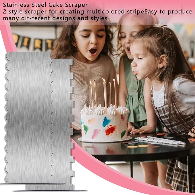 2 Piece 9 Inch Stainless Steel Cake Scraper, Cream Cake Scraper Sided Patterned Edge Stripe Edge Smoother Scraper Cake Smoother Frosting Scraper Cake Decorating Comb for Mousse Butter Cream