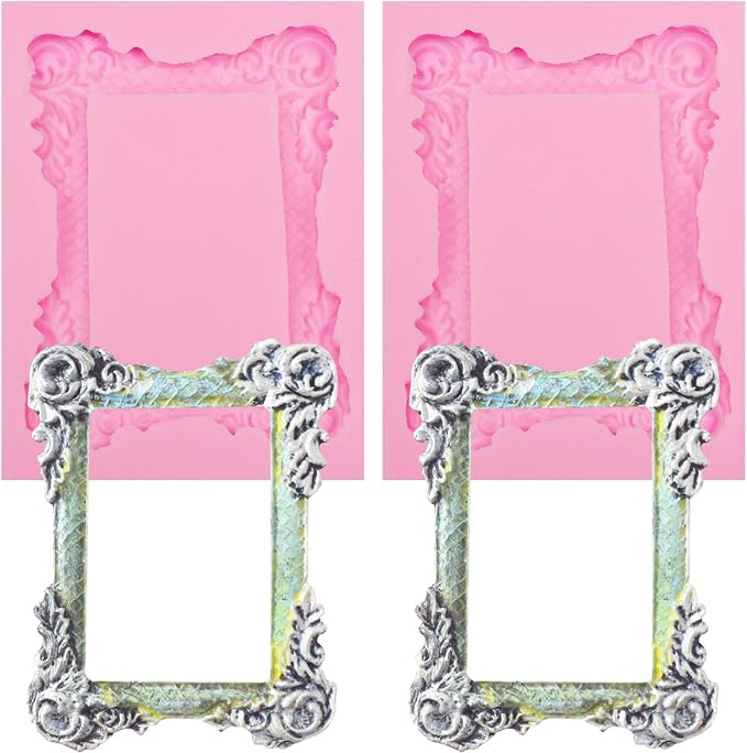 Picture Frame Silicone Fondant Molds 2 Pcs, Baroque Photo Frame Molds for Cake Decoration Candy Cupcake Topper Cake Polymer Clay Crafts Epoxy Resin Arrow Fondant Mold